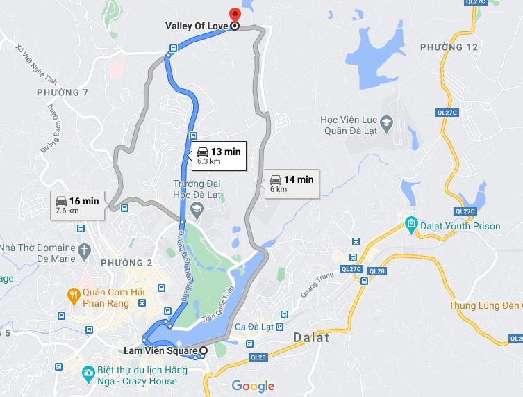 Tuyến đường đi đến Thung Lũng Tình Yêu từ trung tâm thành phố Đà Lạt (Nguồn: Internet)