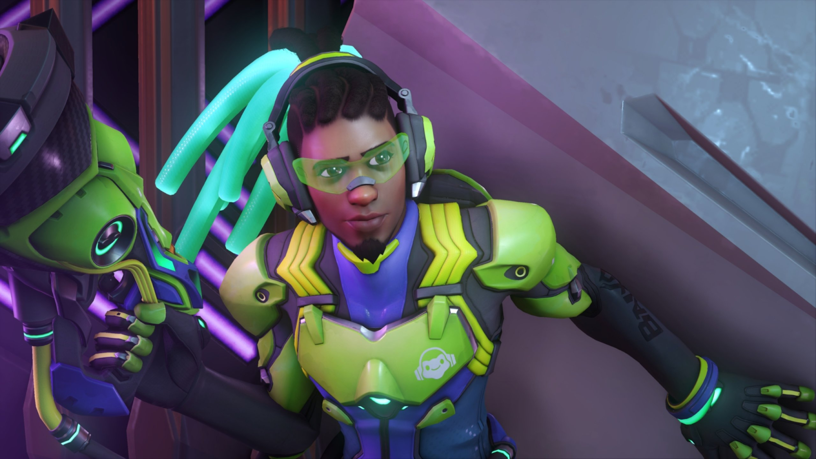 Healing Overwatch 2 character Lucio looks off screen whilst holding his Sonic Amplifier. 