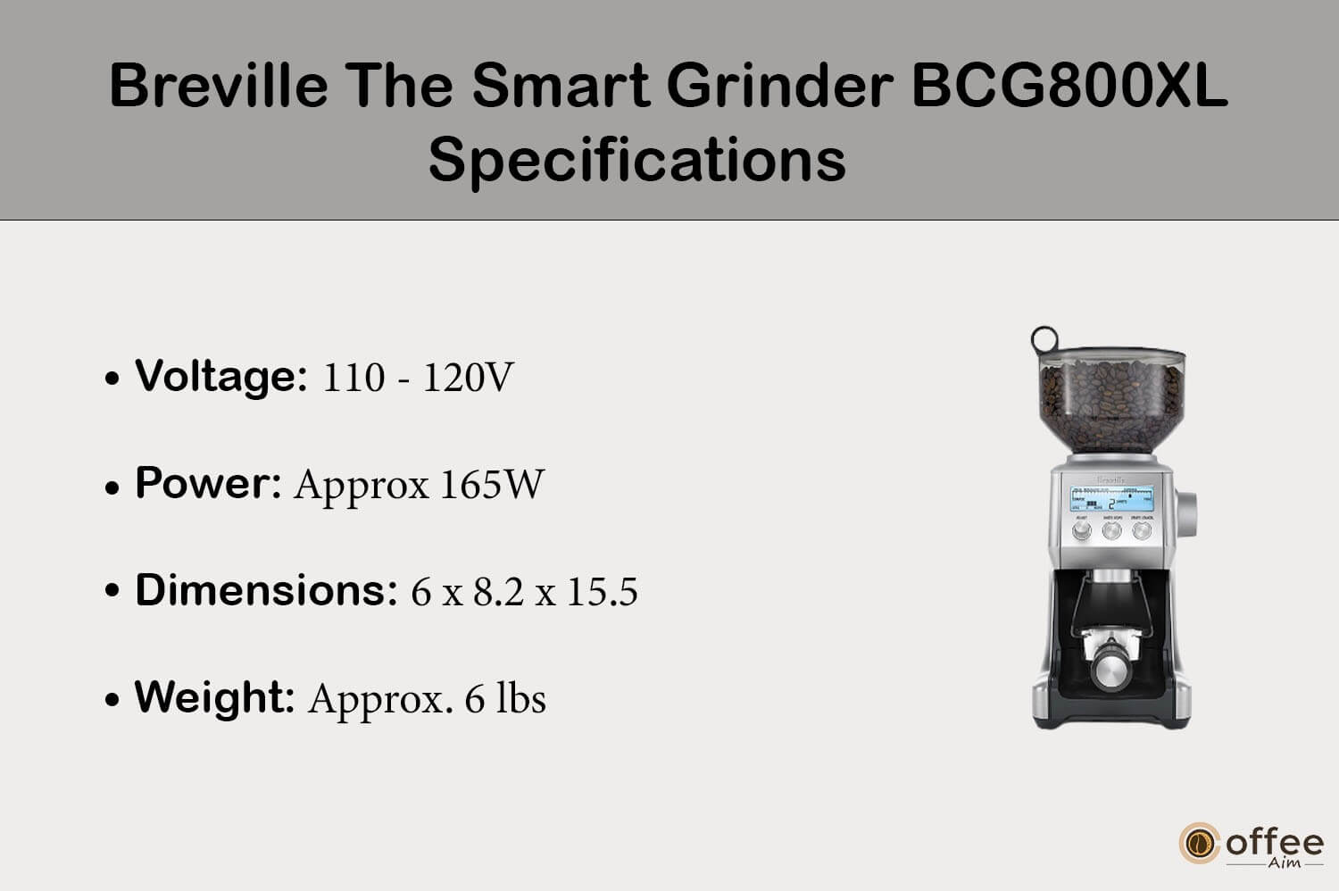 "This graphic outlines the specifications for the 'Breville The Smart Grinder BCG800XL' as featured in the 'Breville The Smart Grinder BCG800XL Review' article."