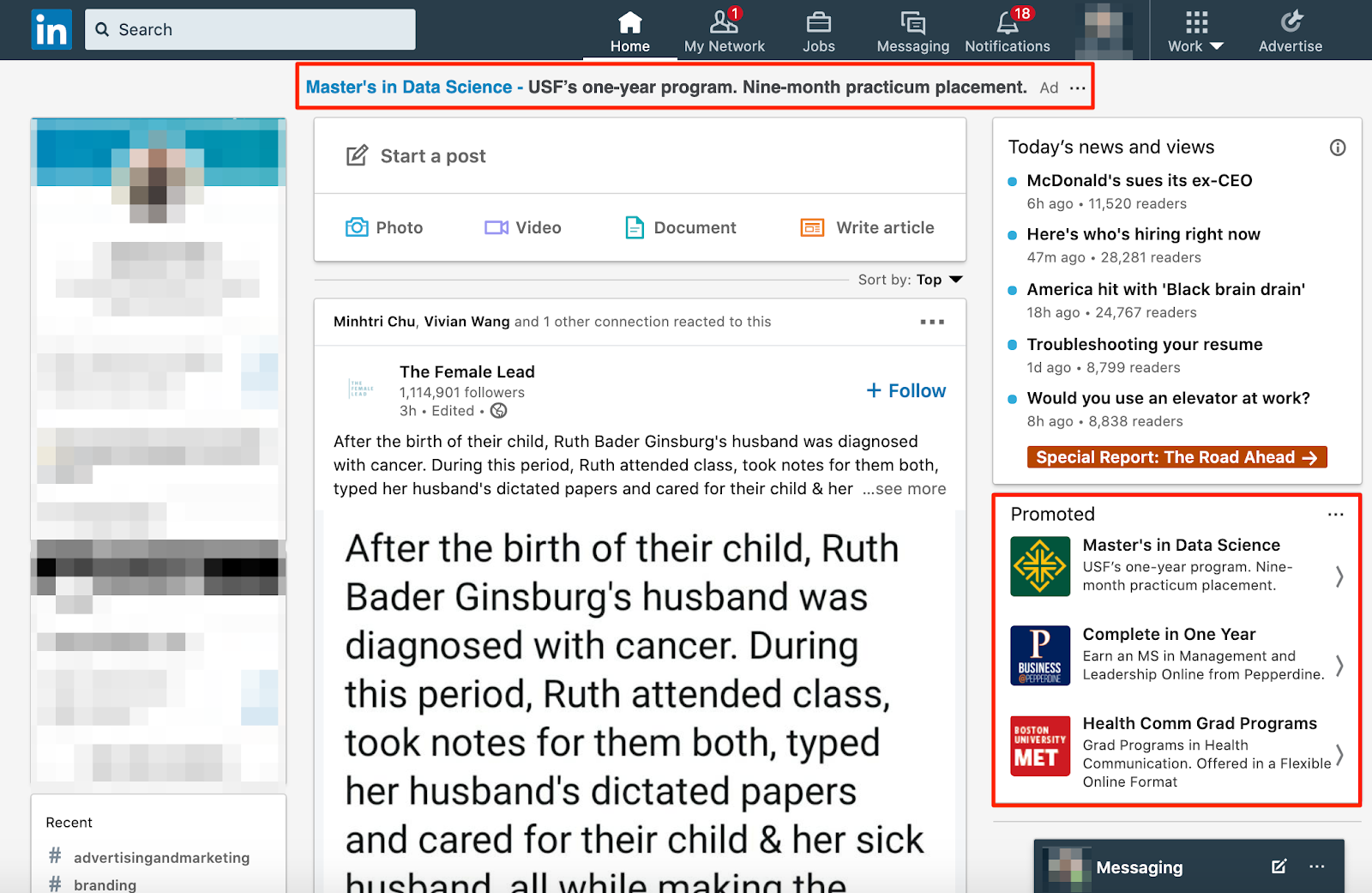 Screenshot of Text Ads in the top and right sidebar areas of LinkedIn.