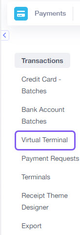 payments drop down with virtual terminal selected