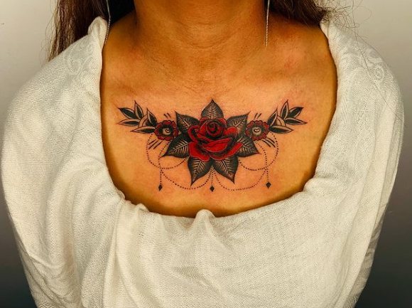 Ornamental Red Rose Chest Tattoo For Women