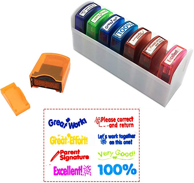 Reliancer Colorful Self-Inking Motivation School Grading Teacher Stamp Set and Tray (8-Piece)