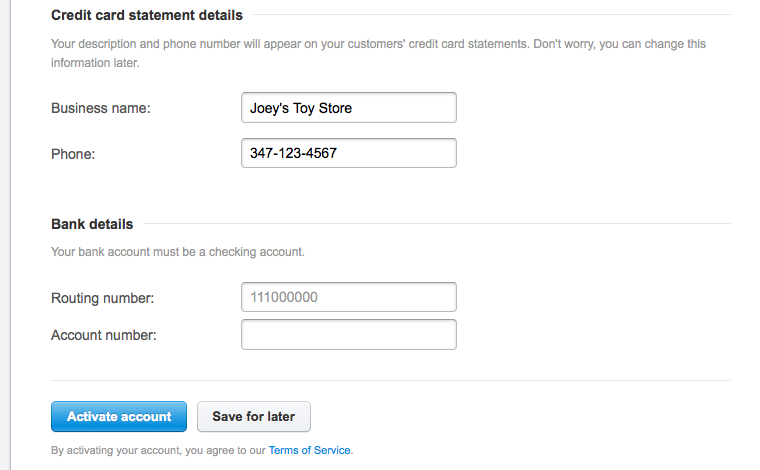 Complete business form on signing up for Stripe