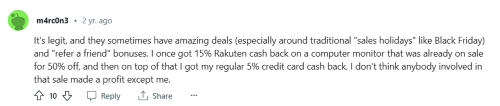 A Rakuten review from a person on Reddit who claims the platform is legit. 