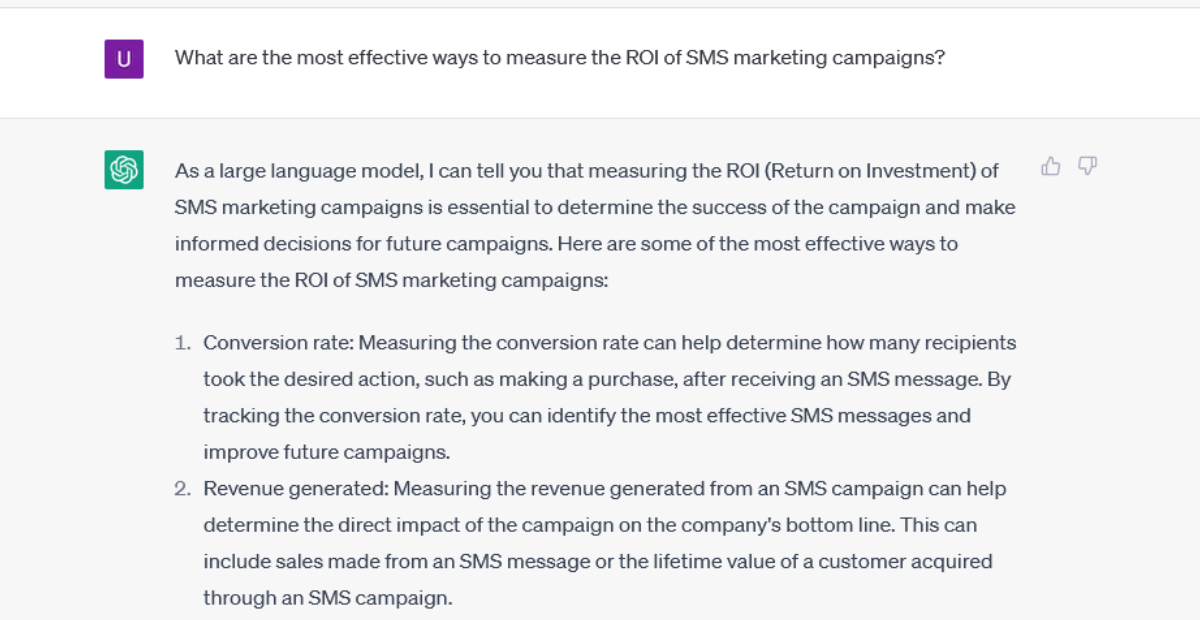 chatgpt prompt and response to measure ROI of SMS marketing campaigns
