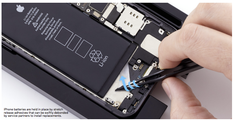 An image from Apple's internal service manuals showing battery strip removal.