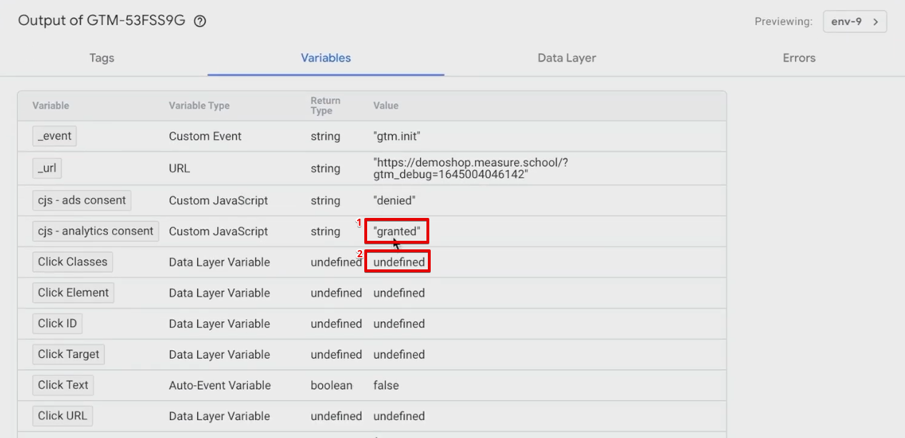 GTM preview window displaying granted for cjs - analytics consent and undefined for Click Classes 