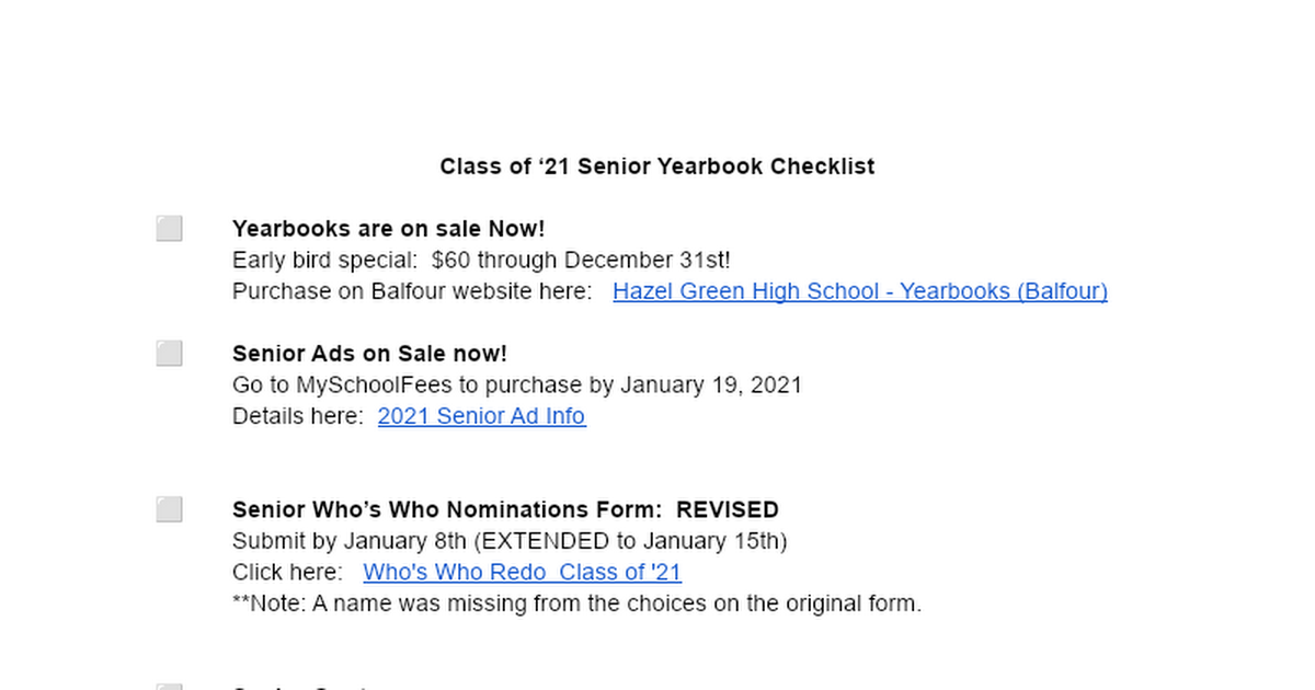 2021 Yearbook Senior Checklist