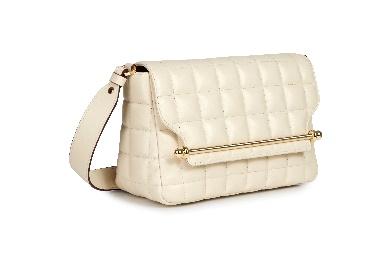 A white quilted bag with a long strap

Description automatically generated