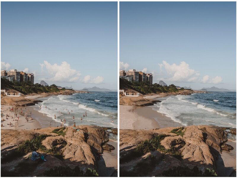 antes e depois de uma edição usando a ferramenta Borracha do AirBrush