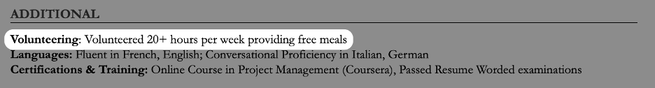 Example of listing church volunteer work in an additional resume section