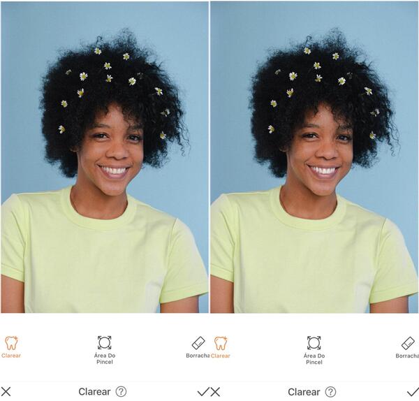 Foto de uma mulher negra com florzinhas no seu black power, sendo editada pelo AirBrush com a ferramenta Clarear