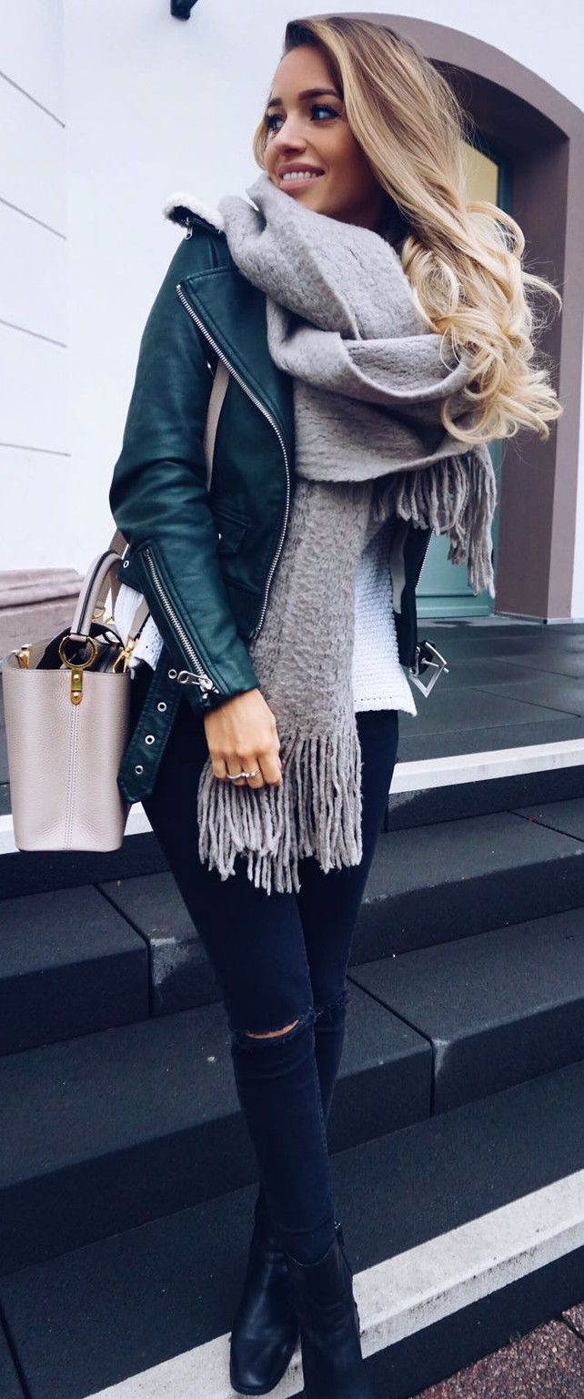 casual scarf with leather jacket 