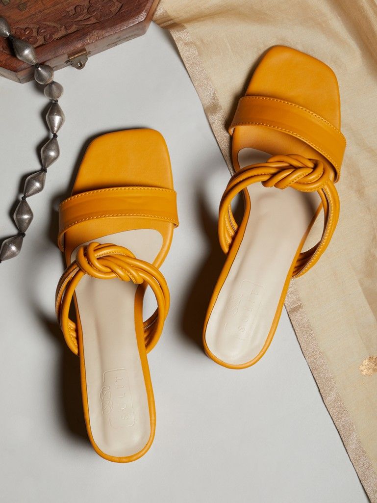Yellow Handcrafted faux leather block heels