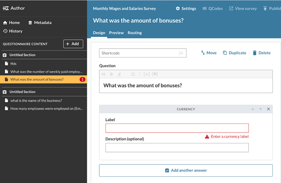 A preview of built-in app validation, which shows the user what fields must be completed before the survey can be viewed. Label is highlighted as an error as the field has been left blank.