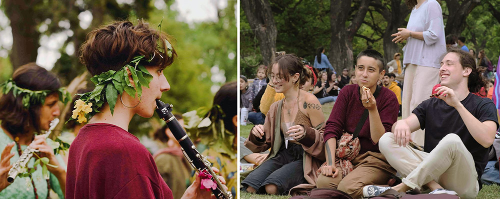 2 photos of the park based festival - one of woodwind muscians with leaves in their hair, one of young people laughing as they listen.
