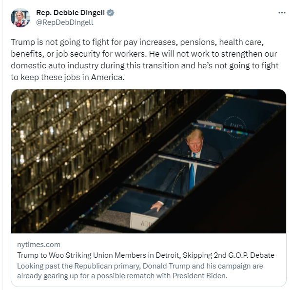 Representative Dingell tweet slamming Trump's record on workers