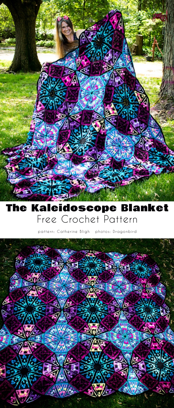  kaleidoscope style crochet blanket in stained-glass colors