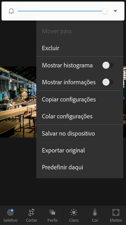 menu de opcoes do Lightroom Mobile