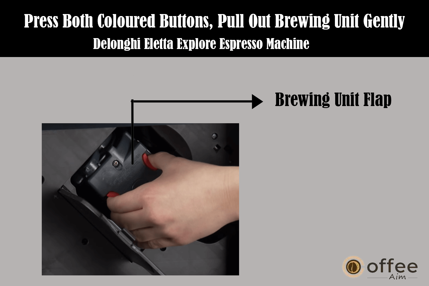 The image illustrates the process of simultaneously pressing both colored buttons and gently pulling out the brewing unit from the 