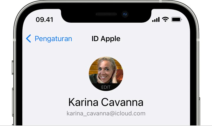 Di pengaturan iOS, alamat email ID Apple tercantum di bawah nama Anda.