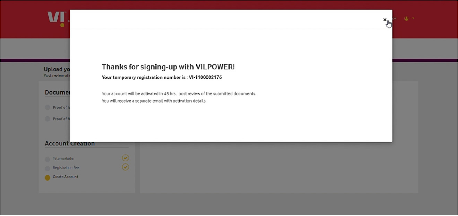 Successful registration screen on the Vodafone DLT registration website with registration number I SMSCountry