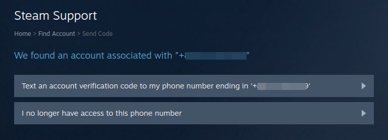 Screenshot of Steam asking the user whether to send a code to their phone