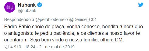 Tweet em resposta da agência de agência digital do Nubank fazendo alusão ao Pai Nosso, oferencendo os serviços do Nubank