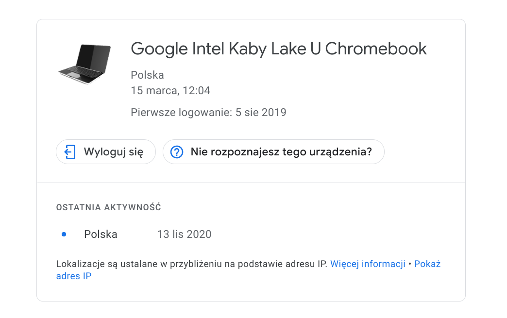 Urządzenie, z aktywnym kontem Google