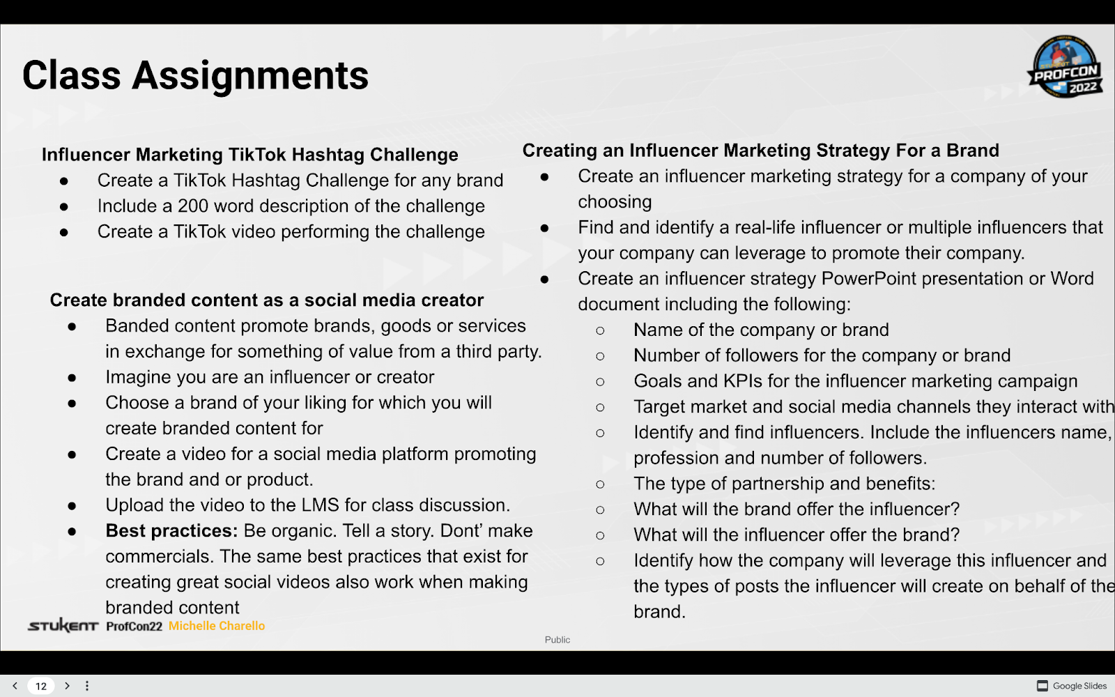 Screenshot of top 2022 social media marketing trends presentation from Michelle Charello