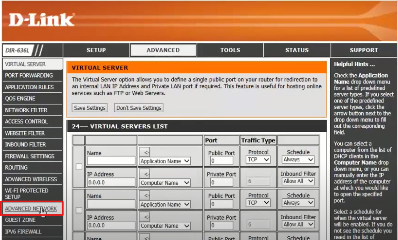 Screenshot of D-Link control panel advanced settings
