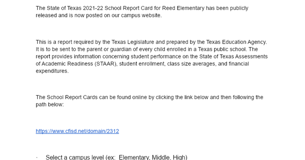 The State of Texas 2021-22 School Report Card for Reed Elementary