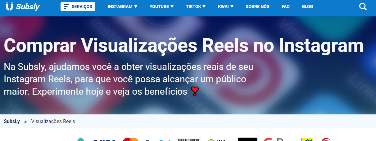 Página inicial do Subsly. Fonte: https://subsly.com/comprar-visualizacoes-reels/