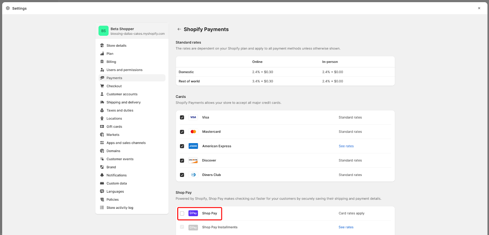 enable shop pay in Shopify settings