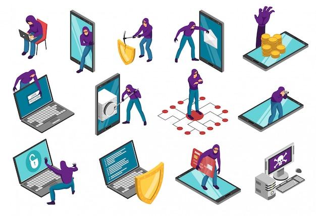 Vetor grátis conjunto isométrico hacker de composições com computadores portáteis de smartphones e caráter humano de ladrão cibernético