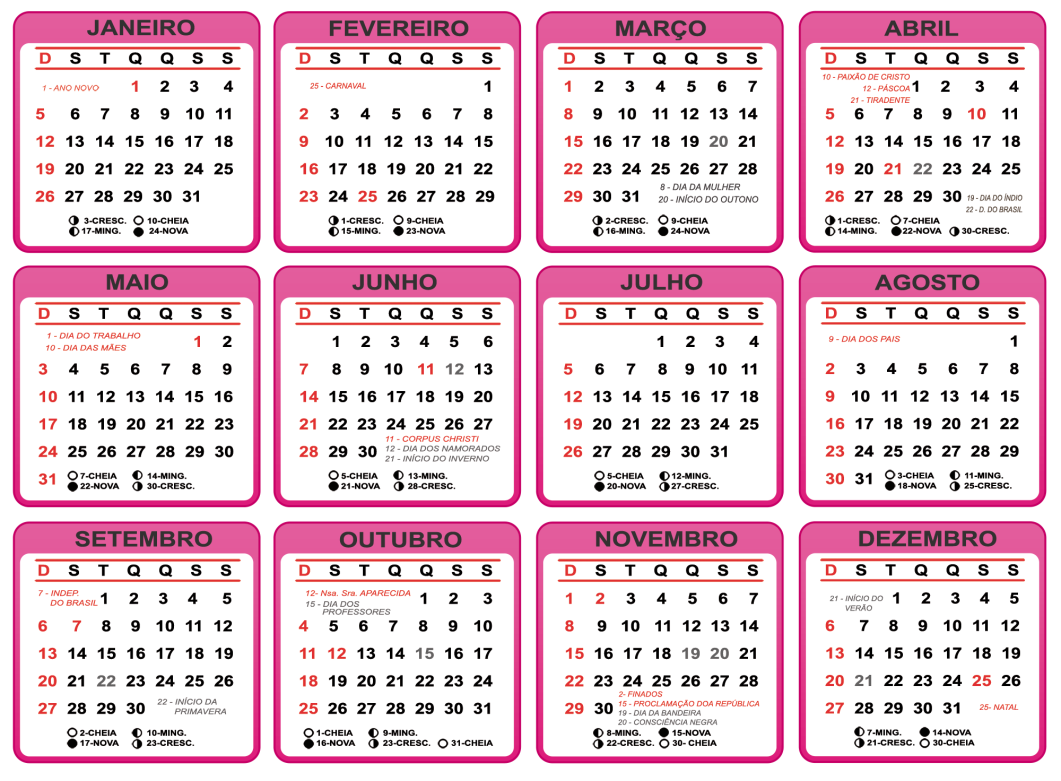 Grade Calendário 2020 Cor de Rosa | Imagem Legal