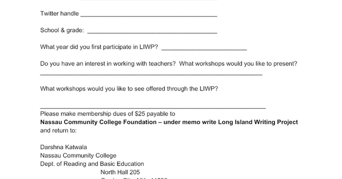 The Long Island Writing Project membership form 2016-2017