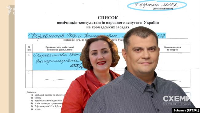 5 вересня 2019 року депутат Корявченков подав до апарату Верховної Ради свій список помічників на громадських засадах, де є і прізвище його дружини
