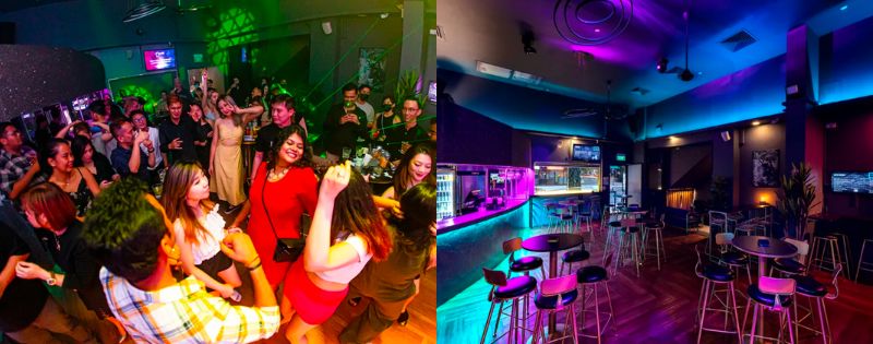 women partying and an empty party room for dreams bar & nightlife as a top singapore party locations