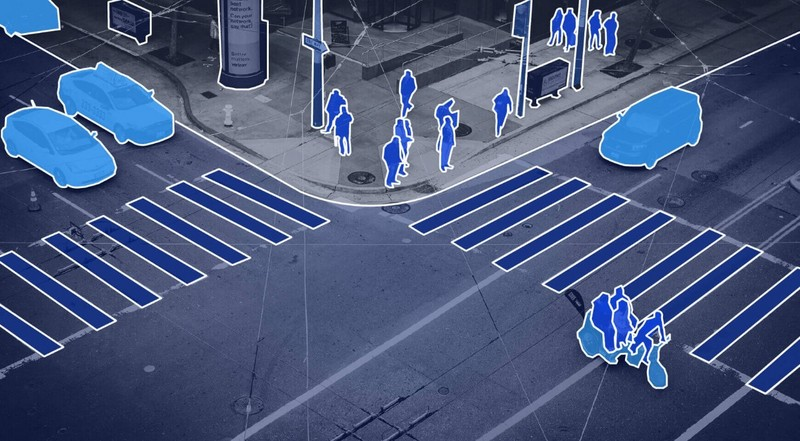 Using the polygon labeling method to add detailed tags to pedestrians on a junction.