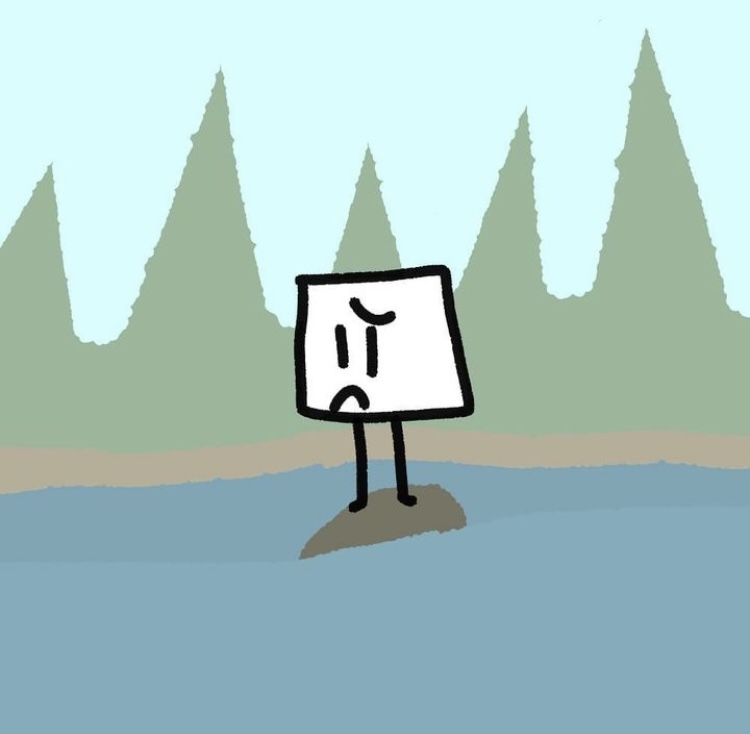 A drawing of a white, box-shaped character, Boxey, stands on a rock in the middle of a body of water, a distressed frown on his face. The shore and trees could be seen in the background.