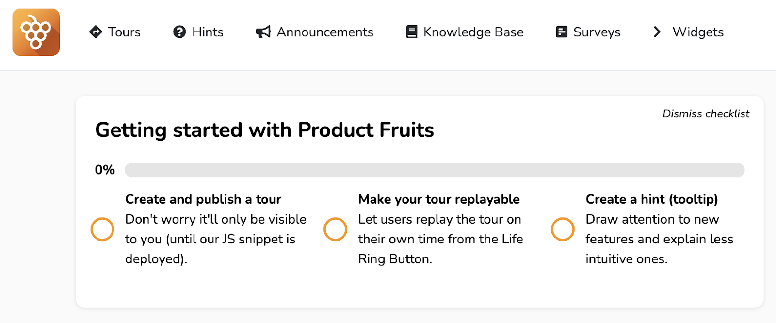 Screenshot of checklist process used in Product Fruits