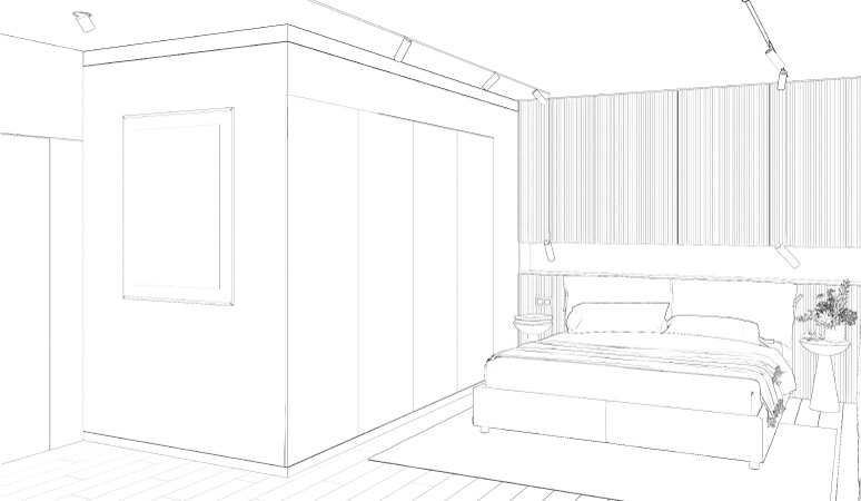 A simple, black and white, digital rendering of a bedroom layout with furniture positioned against the back wall. 