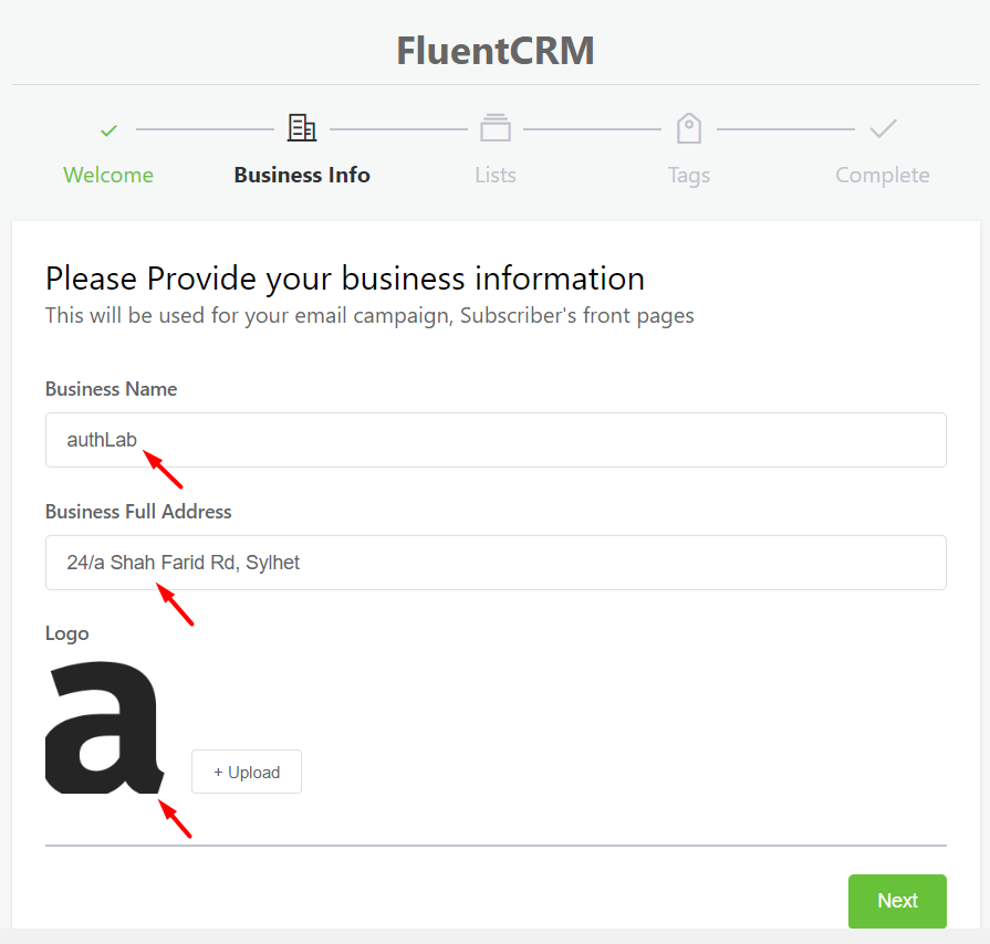 Adding your business Information to FluentCRM