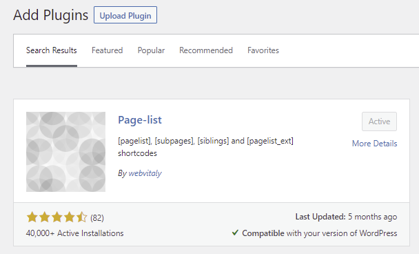 Plugin Page-list no diretório oficial de plugins do WordPress