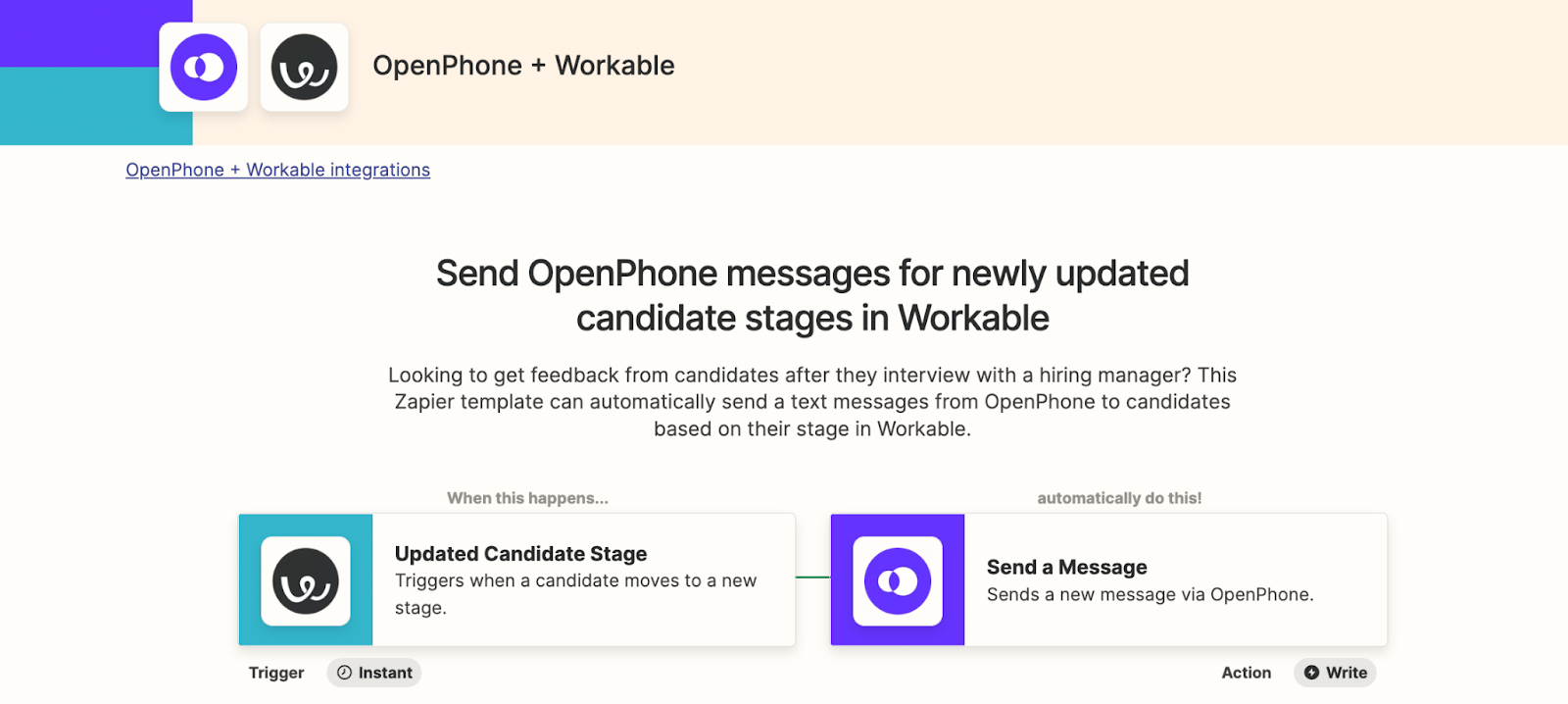 Zap that connects OpenPhone and Workable to send a text automatically after a completed interview