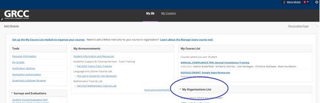 My Organizations List is shown circled on Blackboard beneath My Course List in Blackboard.