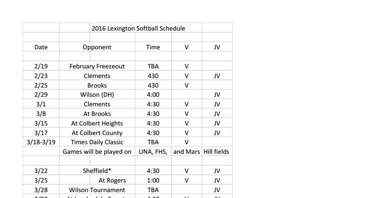 2016 Softball Schedule Google Sheets