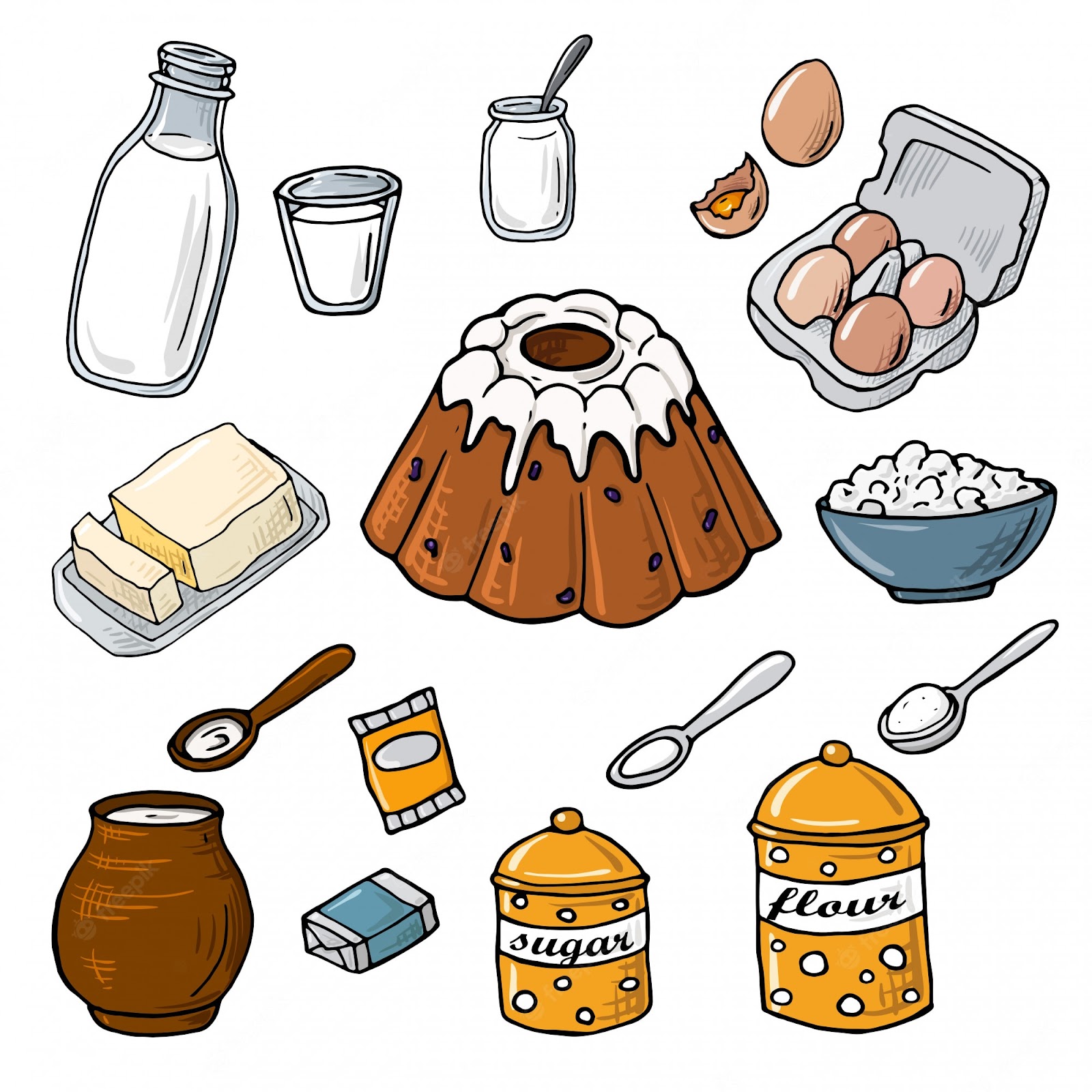 Premium Vector | Easter cake ingredient. set of elements: milk, flour, eggs,  sugar, butter, yeast, cheese. cartoon illustration